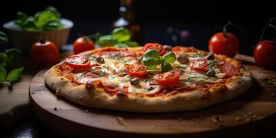 frisch gebacken lecker Pizza mit Fleisch und Gemüse und Kräuter auf Abendessen Tisch. Mahlzeit Essen Restaurant Hintergrund Szene foto