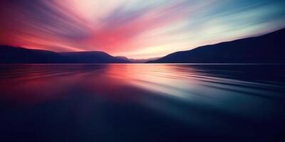 Natur draussen Sonnenuntergang Über See Meer mit Berge Hügel Landschaft Hintergrund, Rosa verwischen aus von Fokus Aussicht foto