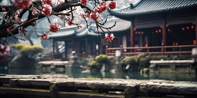 uralt asiatisch japanisch Chinesisch alt Jahrgang retro Stadt, Dorf Stadt Gebäude Tempel mit Natur Baum Blumen foto