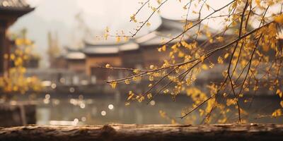 uralt asiatisch japanisch Chinesisch alt Jahrgang retro Stadt, Dorf Stadt Gebäude Tempel mit Natur Baum Blumen foto