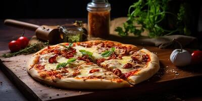 frisch gebacken lecker Pizza mit Fleisch und Gemüse und Kräuter auf Abendessen Tisch. Mahlzeit Essen Restaurant Hintergrund Szene foto