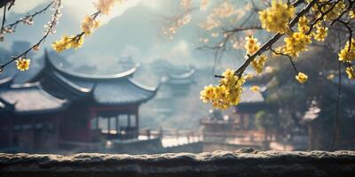 uralt asiatisch japanisch Chinesisch alt Jahrgang retro Stadt, Dorf Stadt Gebäude Tempel mit Natur Baum Blumen foto