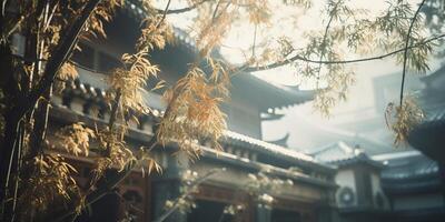 uralt asiatisch japanisch Chinesisch alt Jahrgang retro Stadt, Dorf Stadt Gebäude Tempel mit Natur Baum Blumen foto