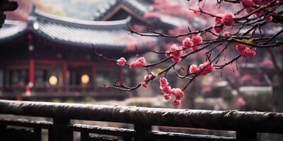 uralt asiatisch japanisch Chinesisch alt Jahrgang retro Stadt, Dorf Stadt Gebäude Tempel mit Natur Baum Blumen foto