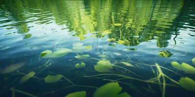 Grün Blätter auf Teich Fluss See Landschaft Hintergrund Aussicht foto