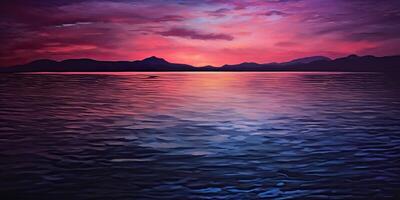 Natur draussen Sonnenuntergang Über See Meer mit Berge Hügel Landschaft Hintergrund, Rosa verwischen aus von Fokus Aussicht foto