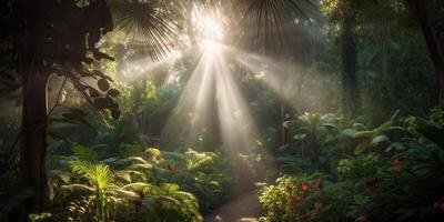 tropisch Regen Urwald tief Wald mit beab Strahl Licht leuchtenden. Natur draussen Abenteuer Stimmung Szene Hintergrund Aussicht foto