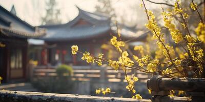 uralt asiatisch japanisch Chinesisch alt Jahrgang retro Stadt, Dorf Stadt Gebäude Tempel mit Natur Baum Blumen foto