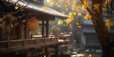 uralt asiatisch japanisch Chinesisch alt Jahrgang retro Stadt, Dorf Stadt Gebäude Tempel mit Natur Baum Blumen foto