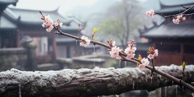 uralt asiatisch japanisch Chinesisch alt Jahrgang retro Stadt, Dorf Stadt Gebäude Tempel mit Natur Baum Blumen foto