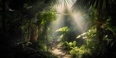 tropisch Regen Urwald tief Wald mit beab Strahl Licht leuchtenden. Natur draussen Abenteuer Stimmung Szene Hintergrund Aussicht foto