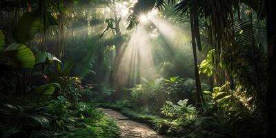 tropisch Regen Urwald tief Wald mit beab Strahl Licht leuchtenden. Natur draussen Abenteuer Stimmung Szene Hintergrund Aussicht foto