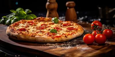 frisch gebacken lecker Pizza mit Fleisch und Gemüse und Kräuter auf Abendessen Tisch. Mahlzeit Essen Restaurant Hintergrund Szene foto