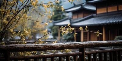uralt asiatisch japanisch Chinesisch alt Jahrgang retro Stadt, Dorf Stadt Gebäude Tempel mit Natur Baum Blumen foto