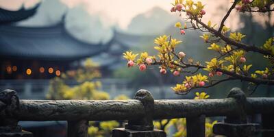 uralt asiatisch japanisch Chinesisch alt Jahrgang retro Stadt, Dorf Stadt Gebäude Tempel mit Natur Baum Blumen foto