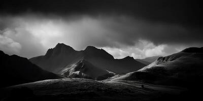 tolle schwarz und Weiß Fotografie von schön Berge und Hügel mit dunkel Himmel Landschaft Hintergrund Aussicht Szene foto