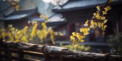 uralt asiatisch japanisch Chinesisch alt Jahrgang retro Stadt, Dorf Stadt Gebäude Tempel mit Natur Baum Blumen foto