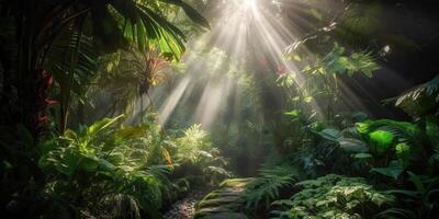 tropisch Regen Urwald tief Wald mit beab Strahl Licht leuchtenden. Natur draussen Abenteuer Stimmung Szene Hintergrund Aussicht foto