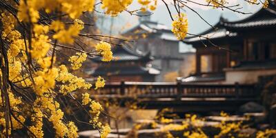 uralt asiatisch japanisch Chinesisch alt Jahrgang retro Stadt, Dorf Stadt Gebäude Tempel mit Natur Baum Blumen foto