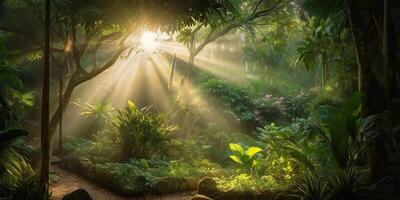 tropisch Regen Urwald tief Wald mit beab Strahl Licht leuchtenden. Natur draussen Abenteuer Stimmung Szene Hintergrund Aussicht foto