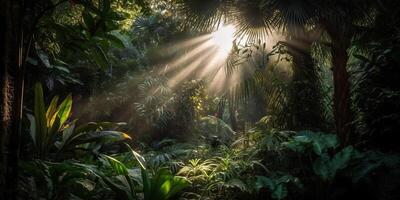 tropisch Regen Urwald tief Wald mit beab Strahl Licht leuchtenden. Natur draussen Abenteuer Stimmung Szene Hintergrund Aussicht foto