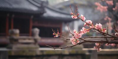 uralt asiatisch japanisch Chinesisch alt Jahrgang retro Stadt, Dorf Stadt Gebäude Tempel mit Natur Baum Blumen foto