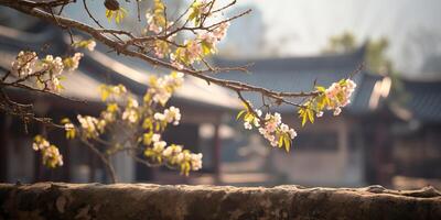 uralt asiatisch japanisch Chinesisch alt Jahrgang retro Stadt, Dorf Stadt Gebäude Tempel mit Natur Baum Blumen foto