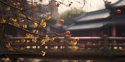 uralt asiatisch japanisch Chinesisch alt Jahrgang retro Stadt, Dorf Stadt Gebäude Tempel mit Natur Baum Blumen foto