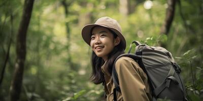 glücklich jung asiatisch Frau Reisender mit Rucksack Gehen im Wald. Abenteuer Reise erkunden Trekking Wandern Szene Aussicht foto