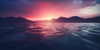 Natur draussen Sonnenuntergang Über See Meer mit Berge Hügel Landschaft Hintergrund, Rosa verwischen aus von Fokus Aussicht foto