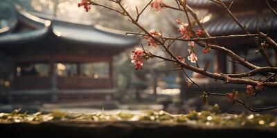 uralt asiatisch japanisch Chinesisch alt Jahrgang retro Stadt, Dorf Stadt Gebäude Tempel mit Natur Baum Blumen foto