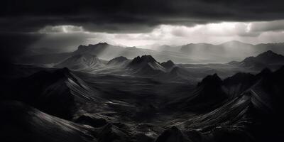 tolle schwarz und Weiß Fotografie von schön Berge und Hügel mit dunkel Himmel Landschaft Hintergrund Aussicht Szene foto