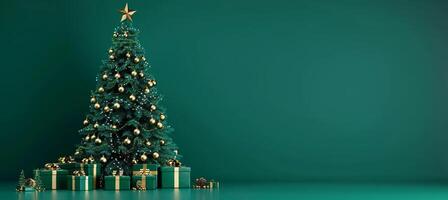 golden Kugeln auf Weihnachten Baum mit die Geschenke, festlich Urlaub Hintergrund im Grün Töne foto