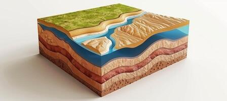 detailliert 3d Modell- von Land und Fluss Kreuz Sektion mit Boden Lagen, Felsen Schichten, und Wasser Wege foto