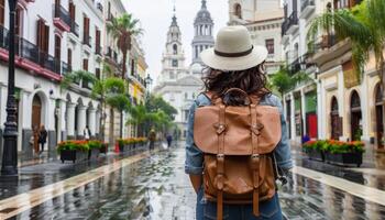 jung weiblich Backpacker erkunden Straßen von historisch Spanisch Stadt, Dorf auf Solo Reise Abenteuer foto