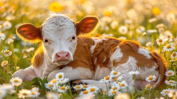 jung Kalb Weiden lassen im Gänseblümchen Feld auf ein sonnig Sommer- Tag heiter Bauernhof Landschaft mit Kuh foto