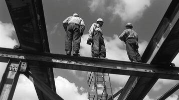 ein Gruppe von Ingenieure Stehen auf das teilweise gebaut Stahl Balken von das Brücke vorsichtig Planung aus das Nächster Schritte foto