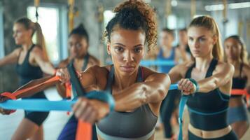 ein Gruppe von Einzelpersonen Arbeiten aus zusammen mit Widerstand Bands und Licht Gewichte im ein modern Boutique Fitness Klasse foto