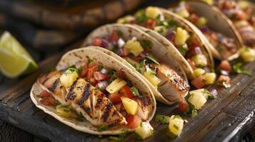 ein Strand Hütte Liebling ein Teller von Fisch Tacos mit ein Vielfalt von Belag einschließlich ein y Ananas genießen foto