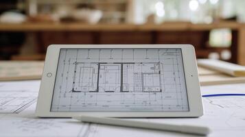 architektonisch Pläne zum ein Zuhause Renovierung angezeigt auf ein Tablette mit Messungen und Anmerkungen deutlich sichtbar foto