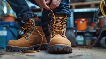 ein Arbeiter Überprüfung das Schnürsenkel auf ihr Stahlkappe Stiefel wie ihr Mitarbeiter erinnert Sie zu Krawatte Sie dicht zum maximal Schutz foto