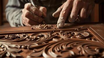 ein Nahansicht Schuss von ein Handwerker sorgfältig Carving kompliziert Designs in dunkel Mahagoni Verkleidung zum das Studie foto