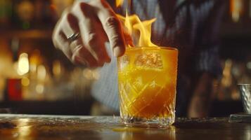 ein Mixologe geschickt schüttelt oben ein feurig Cocktail gemacht mit mit Jalapeno angereichert Tequila Mango Püree und ein Spritzen von Limette Saft foto
