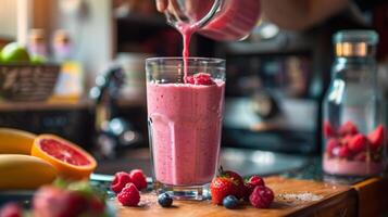 ein Person mischen ein Protein Smoothie betonen das Rolle von Protein im reparieren Muskeln nach ein streng Sauna Sitzung. foto