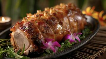 das Kernstück von das hawaiisch luau Schwein braten ist ein saftig langsam geröstet Schwein genäht mit ein Geheimnis Mischung von Insel es. das golden Geknister Haut gibt Weg zu feucht aromatisch mea foto