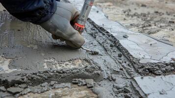 mit ein trometer Techniker Prüfung das Dichte und Stärke von das Beton Proben foto