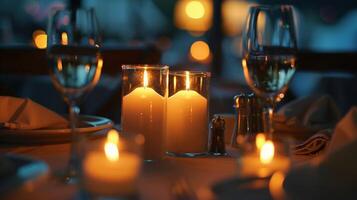 ein warm Kerzenlicht Ambiente setzt das Stimmung zum ein friedlich und absichtlich Essen Erfahrung foto
