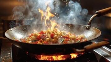 Dampf steigend und Flammen lodernd diese Wok pfannenrühren ist ein Meisterstück im das Herstellung. das Klang von brutzelnd Öl und das klirrend von Metall gegen das Wok erstellen ein Symphonie von Aromen foto