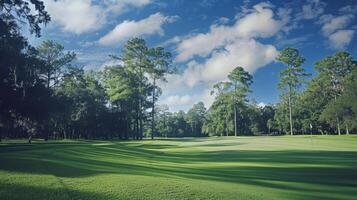 ein Privat Golf Kurs auf das Gründe von ein gehoben Sport Verein bietet ein malerisch Hintergrund zum ein Nachmittag von Tee Zeit foto