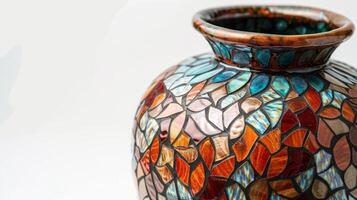 ein aufwendig entworfen Vase gefertigt mit ein Verschmelzung von Keramik und befleckt Glas Elemente Erstellen ein atemberaubend Mosaik Wirkung. foto